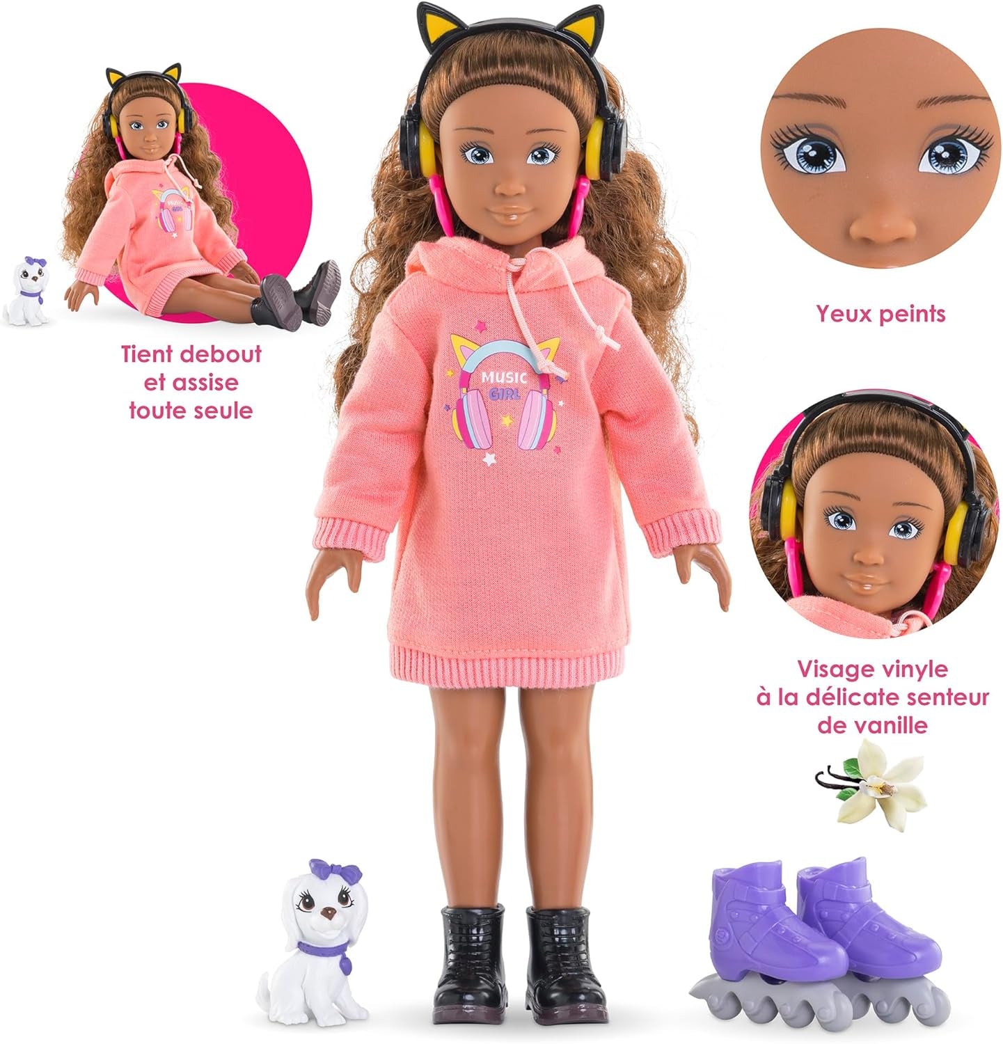 Corolle Girls dallamzene és divatkészlet, Ankleidepuppe im cool Hoodiekleid mit Hund, divatos Kopfhörer, Ohrringe und extra Inlineskates, Vanilleduft, 28cm, ab 4 év