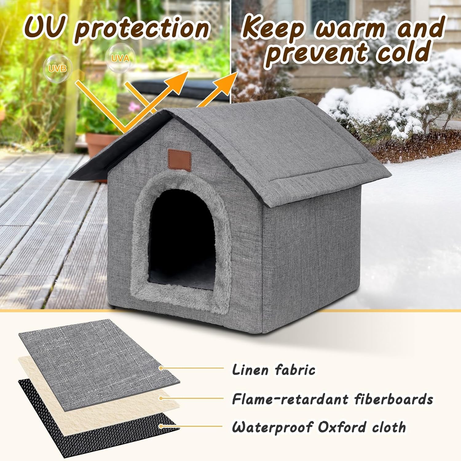 Katzenhaus Outdoor Winterfest, Katzenhöhle, Hundehöhle mit Abnehmbarem Plüschkissen, Wasserdicht Wetterfester, Hundehütte Indoor, Hundehaus für Drinnen/Indoor 35x30x35cm (Grau, S)