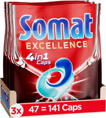 Somat Excellence 4 az 1-ben kupak (141 kupak), gyorsan oldódó mosogatógépi mosogatószerek Naty Shop konyhai mosogatószerek 141 kupak frissen