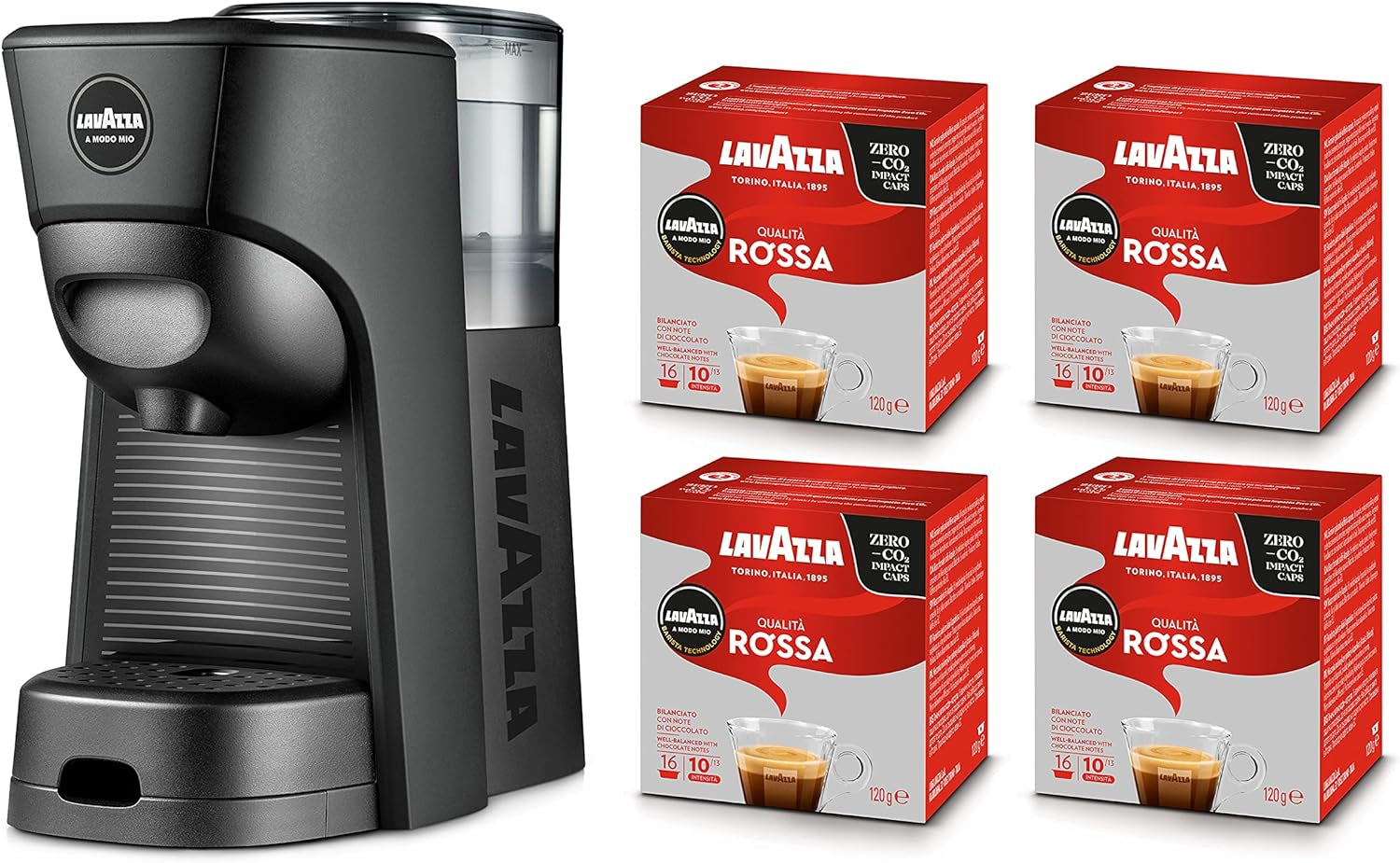 Espressor Lavazza A Modo Mio Tiny Eco Black cu 64 de capsule roșii de calitate incluse, espressor fabricat din plastic reciclat, 1450 W, 220-240 V, 50/60 Hz, 0,6 litri