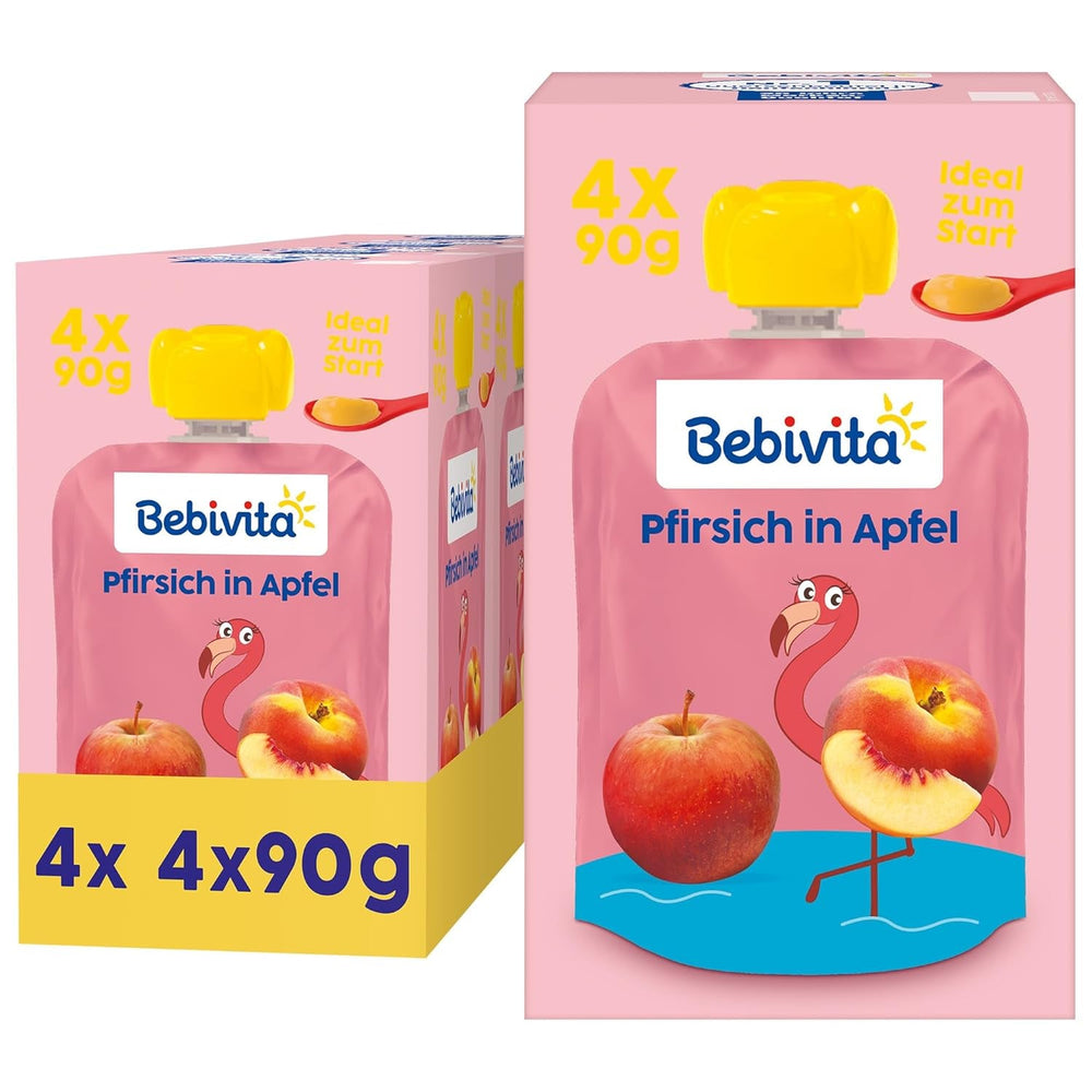 Pliculețe stoarcibile cu piersici și măr – 16 bucăți (4 pachete, 4 x 90 g fiecare), fără zahăr adăugat, fără gluten, vegane, ideale pentru bebeluși de la 5 luni, perfecte pentru luat la pachet