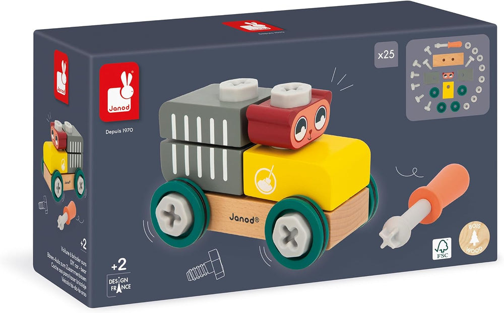 Janod - Mein erstes Konstruktionsspiel - Bären-Bastelauto - 25 Elements - Rollenspiel - Fördert Geschicklichkeit & Kreativität - Ab 24 Monaten - J06458