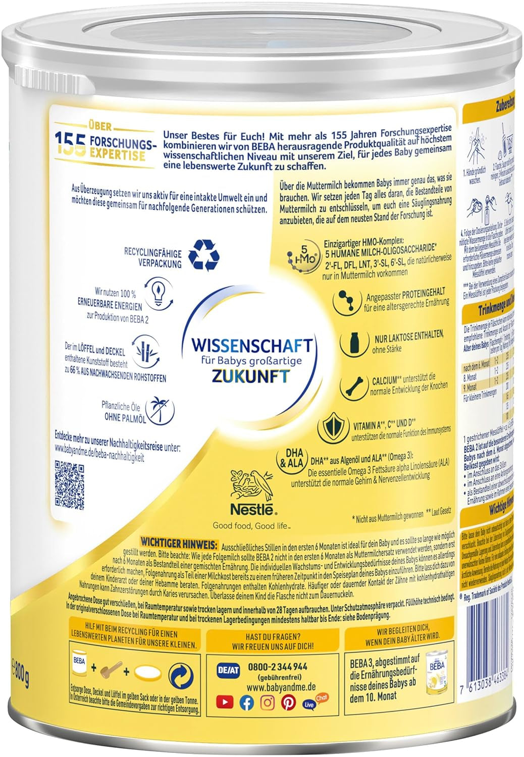 BEBA 2 - Utótej 6 hónap után, 5 HMO komplexszel, életkornak megfelelő fehérjetartalommal, laktózmentes, pálmaolaj mentes, halolaj mentes, bébiétel, babatejpor, 3 db-os kiszerelésben (3 x 800g)