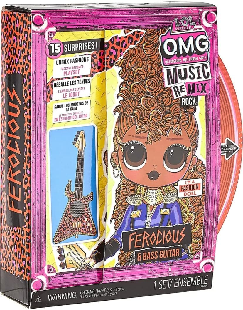 L.O.L. Meglepetés! OMG Remix Rock FEROCIOUS Modepuppe mit 15 Überraschungen -mit Bassgitarre, Outfit, Schuhen, Bürste, Puppenständer, Songtext-Magazin & Plattenspieler-Paket - Für Mädchen ab 4+ Jahren