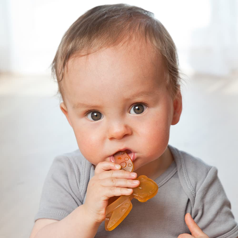 Inel de dentiție organic GRÜNSPECHT din cauciuc natural pentru bebelușii care își erup dentiția, masează gingiile, fără BPA, moale, promovează motricitatea fină, Broască țestoasă (639-V2), Maro