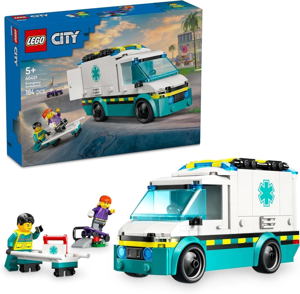 LEGO City Ambulance - játék 2 minifigurával (deszkás és sofőr) - oktató játék fiúknak és lányoknak 5 éves kortól - születésnapi és ünnepi ajándékötletek 60451 Építőkészletek Besuche den LEGO-Store Alapértelmezett cím