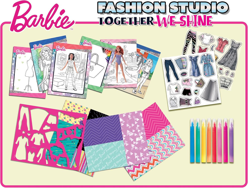 Lisciani - BARBIE - Skizzenbuch Set Wir Glänzen - Modestudio - Models zum Anziehen - Kreatives Spiel - Supermodische Kleidung - Farbmarker - Für Mädchen ab 4 Jahren