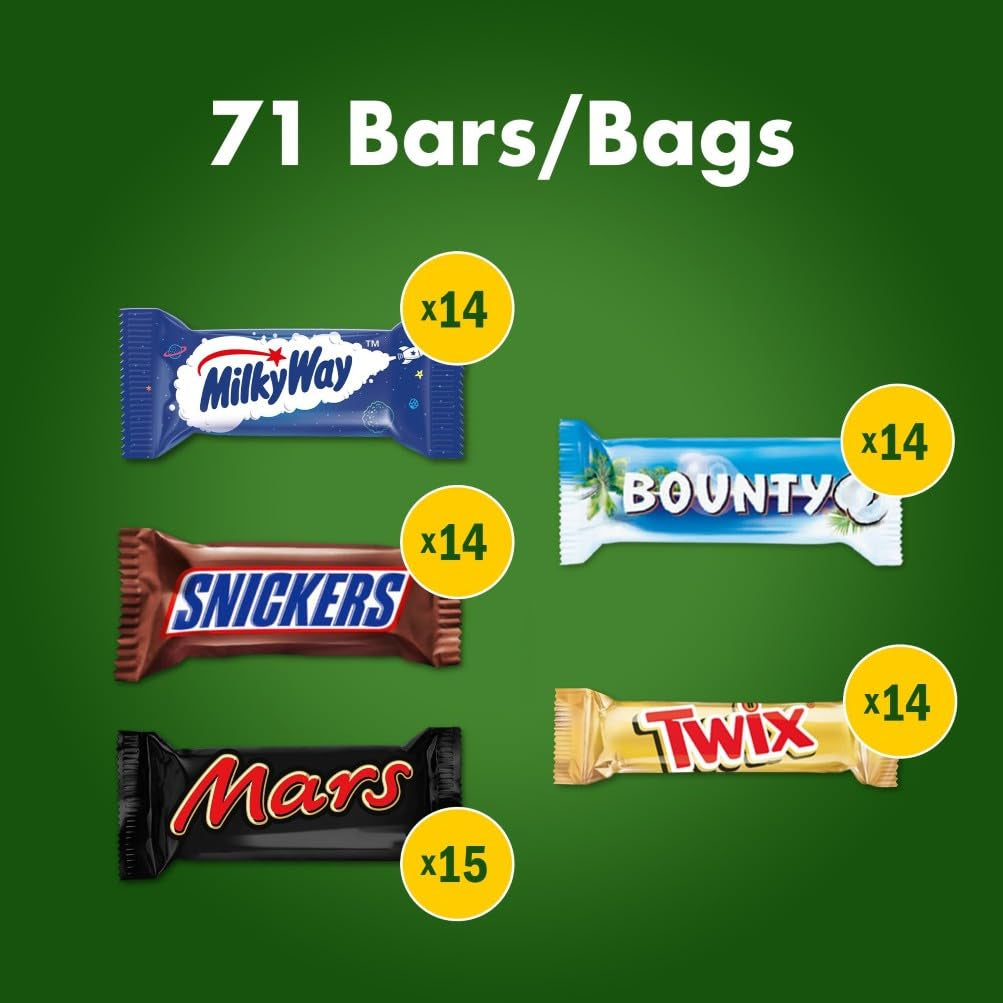 Mini csokoládé vegyes kiszerelés, 71 mini csokis snack (Mars, Snickers, Bounty, Twix, Milky Way) édesség formájában, ideális egy amerikai foci estére (1400g)