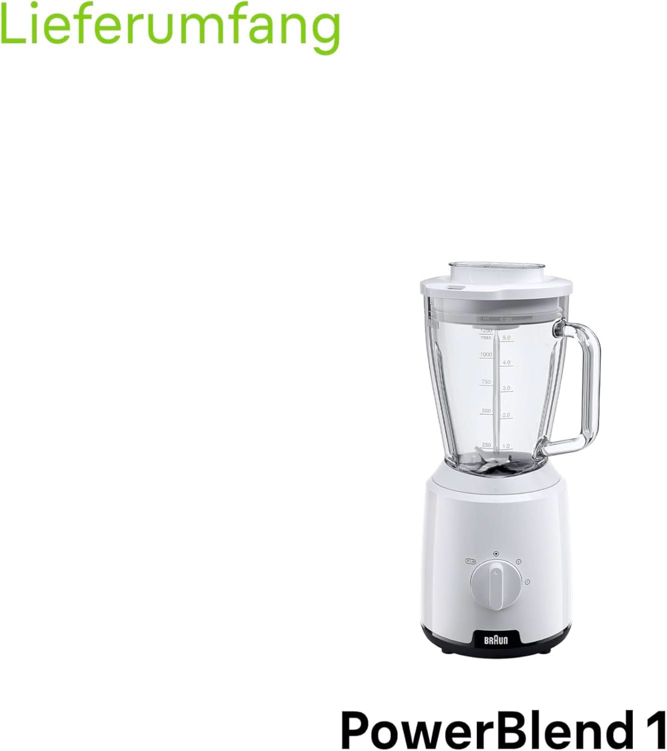 Braun Powerblend 1 JB1050WH - Állványkeverő Mit 1,5 L Glas-Mixaufsatz, Küchenhelfer Zum Zerkleinern, Pürieren & Mixen, Ice-Crush-Funktion, 2 Geschwindigkeiten, 600 Watt, Weiß Kitchen Naty