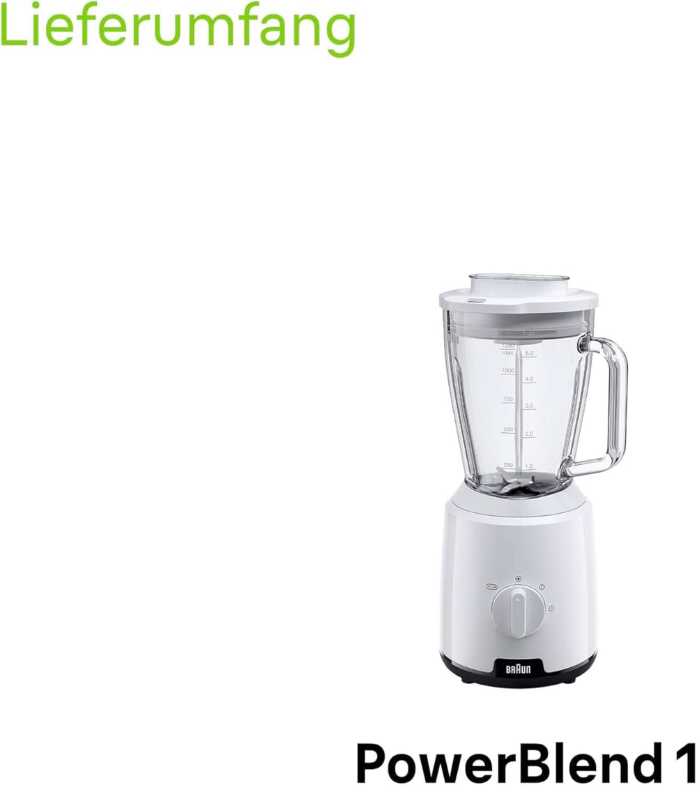 Braun Powerblend 1 JB1050WH - Állványkeverő Mit 1,5 L Glas-Mixaufsatz, Küchenhelfer Zum Zerkleinern, Pürieren & Mixen, Ice-Crush-Funktion, 2 Geschwindigkeiten, 600 Watt, Weiß Kitchen Naty