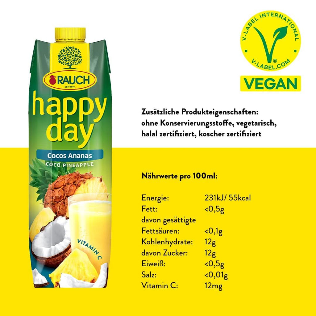 Rauch Happy Day Coconut-Pineapple | O călătorie în Caraibe | Suc de fructe din ananas și apă de nucă de cocos | 6 x 1 litru, Tetra Prisma Bauturi fara alcool Naty Shop