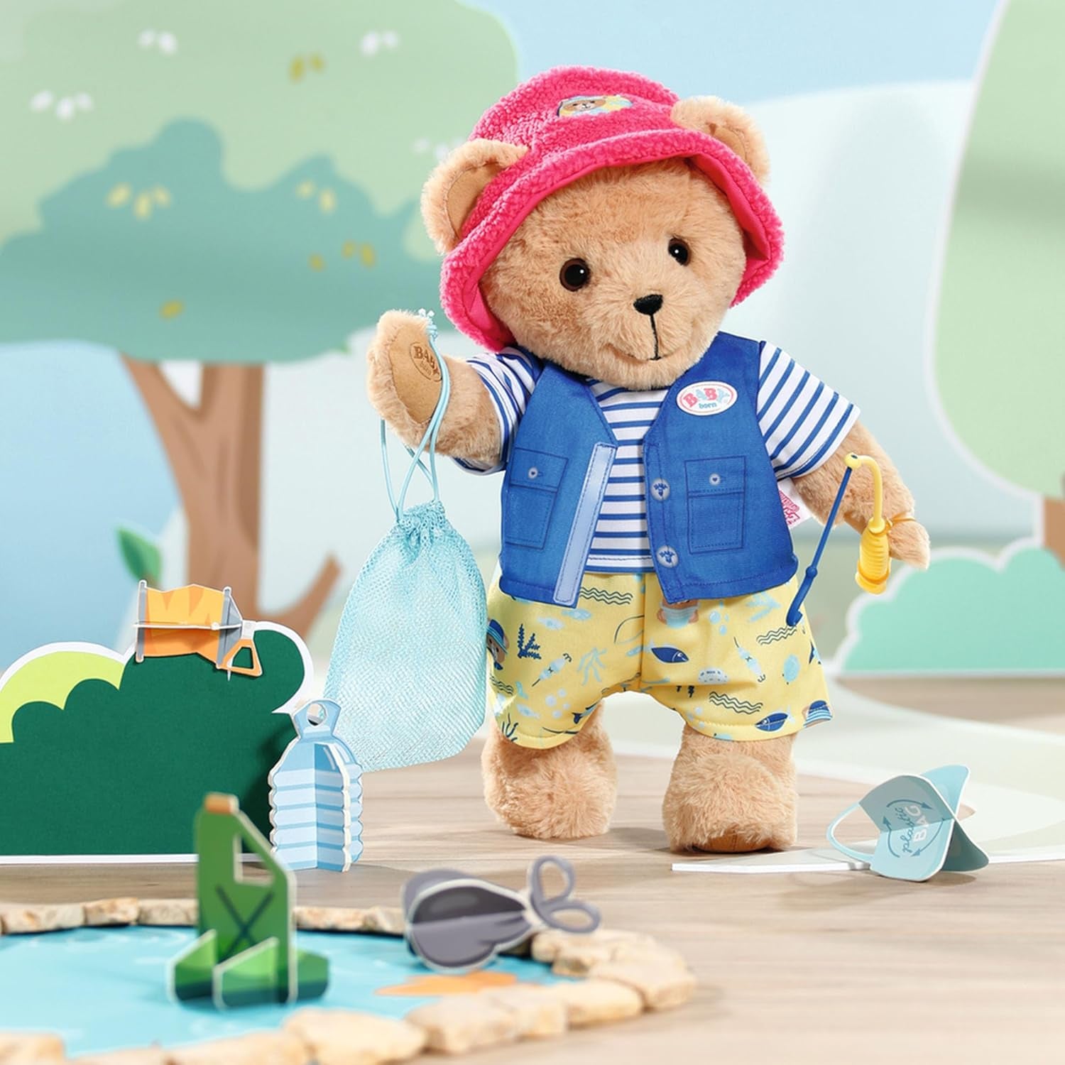 Costum Baby Born Teddy Angler cu undiță pentru păpuși de 43 cm și ursuleț de pluș, 835982 Zapf Creation