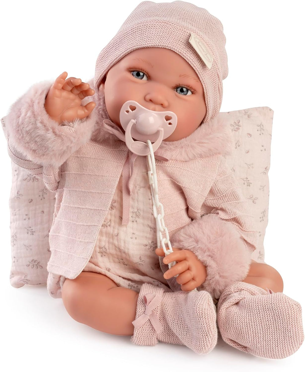 Antonio Juan Puppen für Neugeborne, Winterpfeife, valósághű Babypuppe, 42 cm, rózsaszín ruhákkal, cumival és párnával