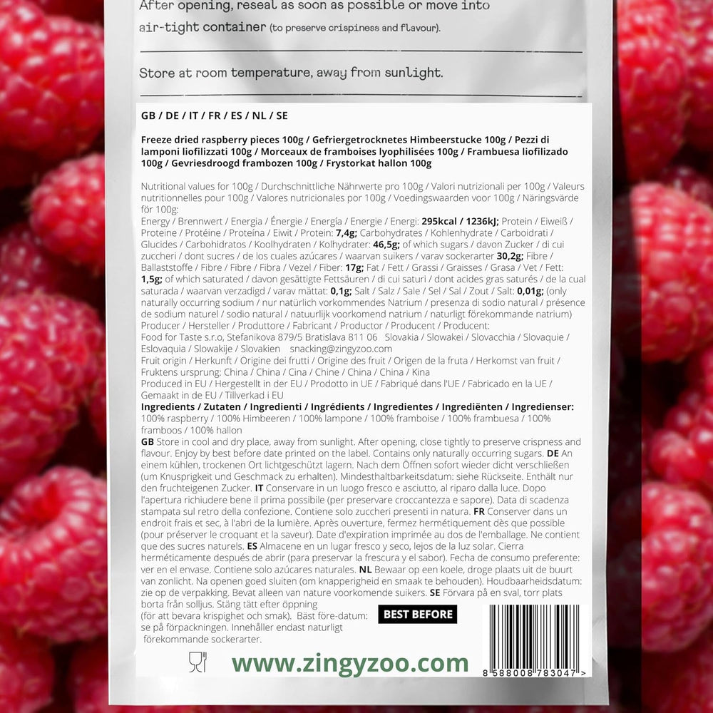 Bucăți de zmeură liofilizate | Fructe liofilizate liofilizate | Zmeură liofilizată fără gluten | Zmeură liofilizată | ZingyZoo (100g) Produse deshidratate Naty Shop