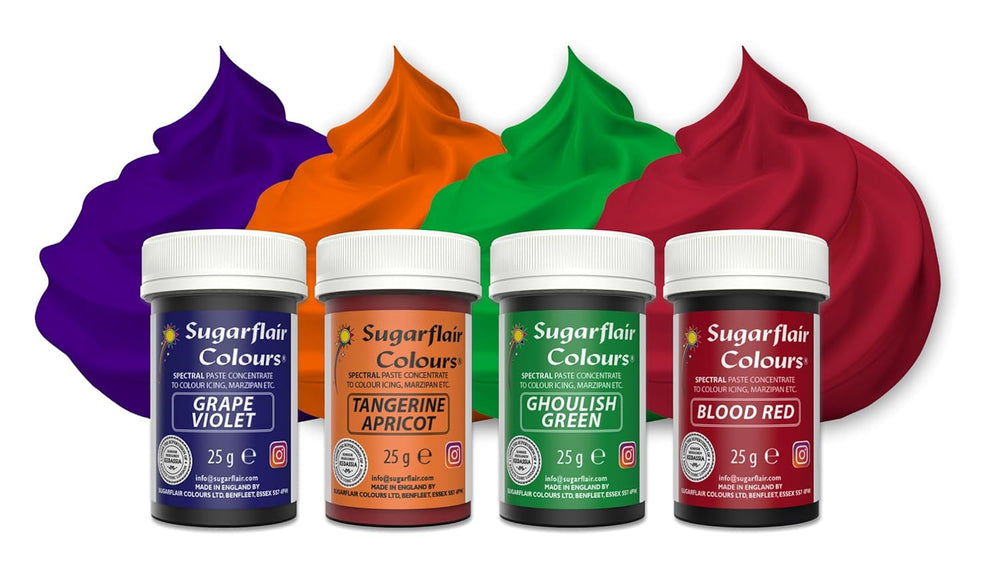 Set de coloranți alimentari pentru paste Sugarflair/4, coloranți alimentari pentru paste, fondant, marțipan, pastă de zahăr, cremă de unt și multe altele: Verde macabru, Violet struguri, Roșu sângeriu
