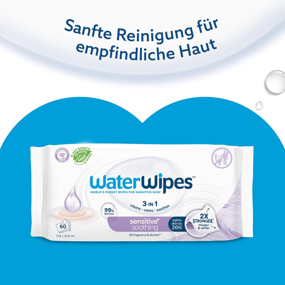 WaterWipes Sensitive+ nyugtató, tiszta nedves törlőkendők, 720 darab (12 csomag), 3 az 1-ben tisztító, ápoló és nyugtató, 99% víz növényi kivonattal, illatmentes baba nedves törlőkendők