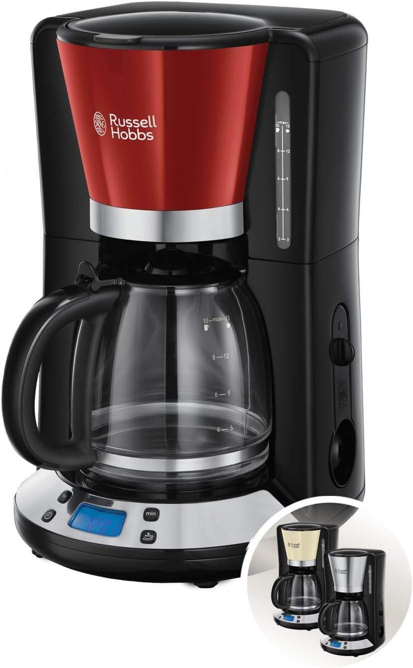 Cafetieră Russell Hobbs [Temporizator digital, Cap de duș pentru extracție și aromă optime] Colours+ Creme (1 până la 10 cești, carafă de sticlă de 1,25 l, placă de încălzire, 1100 W) Cafetieră cu filtru 24033-56