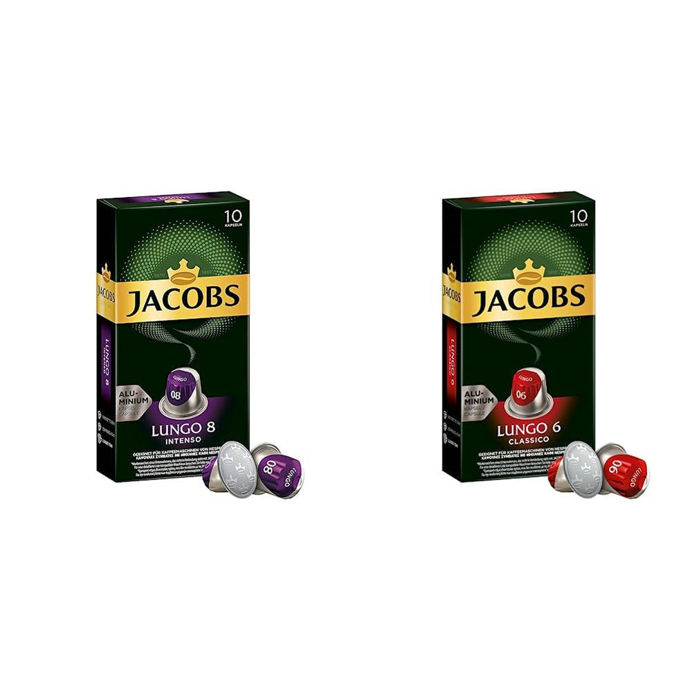 Jacobs Kapseln Lungo Intenso, Intensität 8 & Kapseln Lungo Classico, Intensität 6, 100 Nespresso®* kompatible Kaffeekapseln, 10er Pack, 10 x 10 Getränke