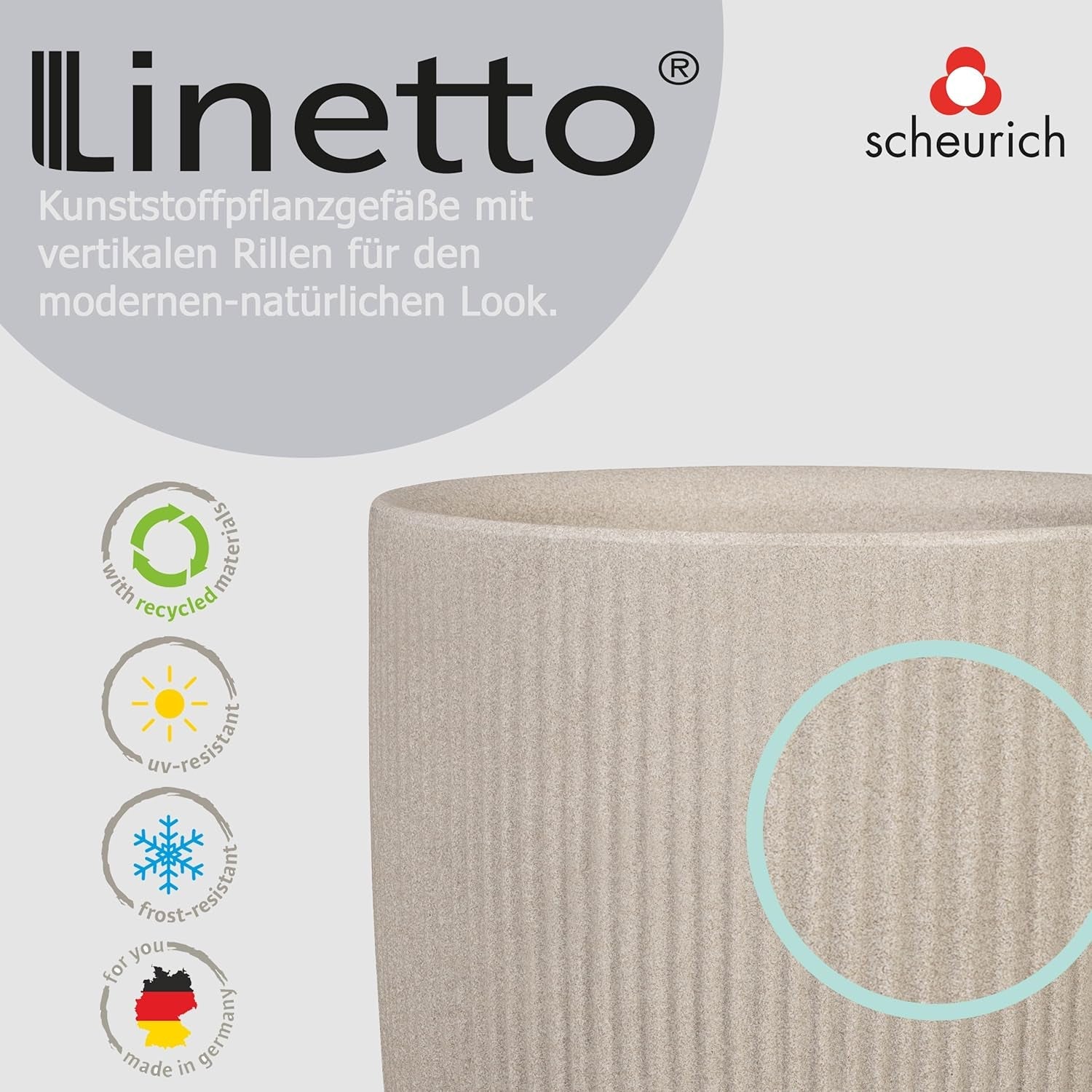 Scheurich Linetto 30, jardinieră/ghiveci/jardină, rotundă, culoare: nisip, fabricată din plastic reciclat, garanție 10 ani, pentru uz exterior