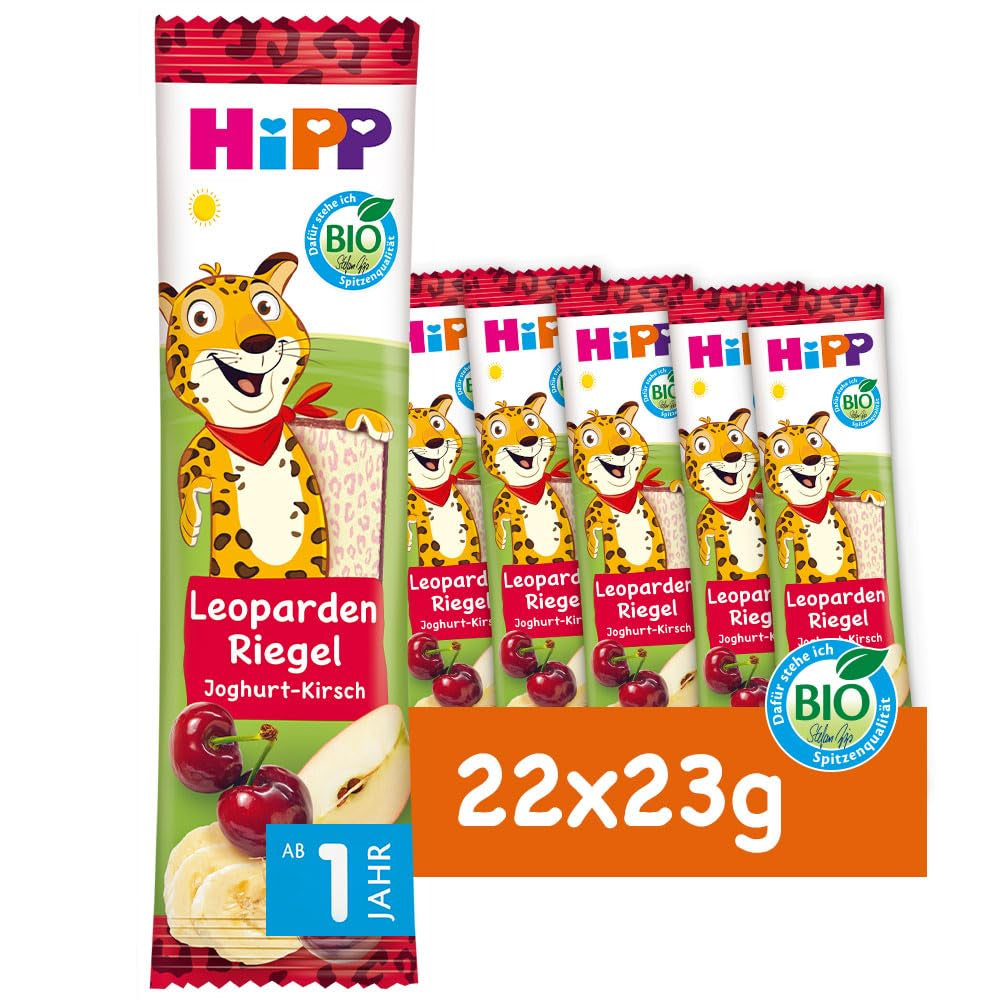 HiPP Leopard szeletek joghurttal és meggyel banánban (22 x 23 g), 1 éves kortól, csak gyümölccsel édesítve, a legjobb bio minőségben