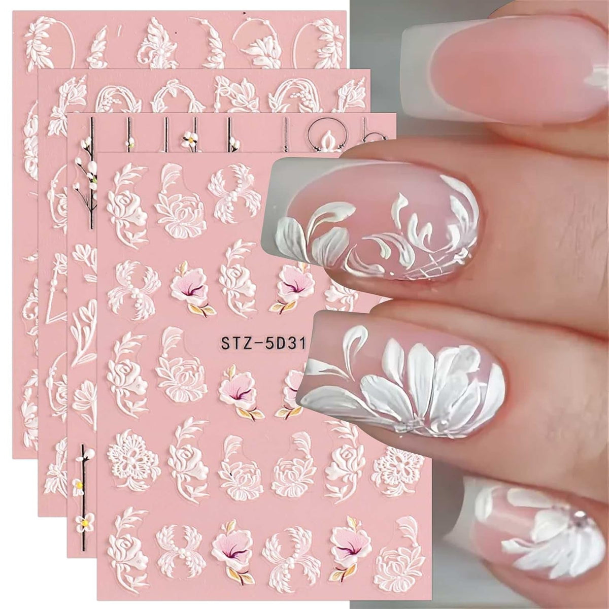 4 Blatt 3D Nagelsticker Frühling Blume Nagelaufkleber 5D Stereoskopisch Selbstklebend Nail Art Sticker Dekoration Nageldesign Zubehör