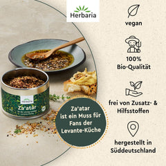 Herbaria Za'atar bio 25g S-Dose – Zaatar Gewürz, Zaatar Gewürz - keleti Organic-Gewürmischung für Gerichte der Levante Küche - mit erlesenen Ingredient - in nachhaltiger Aromaschutz-Dose