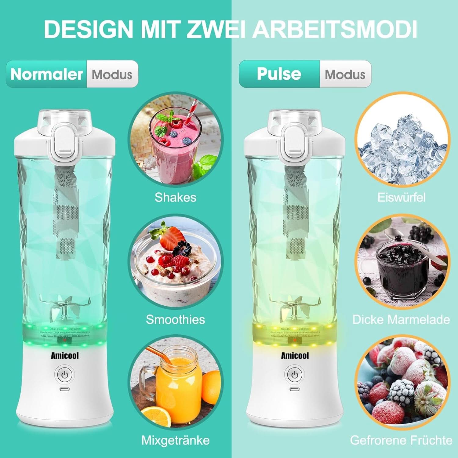 Mixer Smoothie Maker to Go, Mini Standmixer Tragbar Mit 6-Klingen Edelstahl, Enstafter Mit Reisedeckel, USB hordozható turmixgép Elektrisch 600 ml-es palack, Mixer Shaker Slushy Maker Wasserdichter Bucatarie Naty Shop