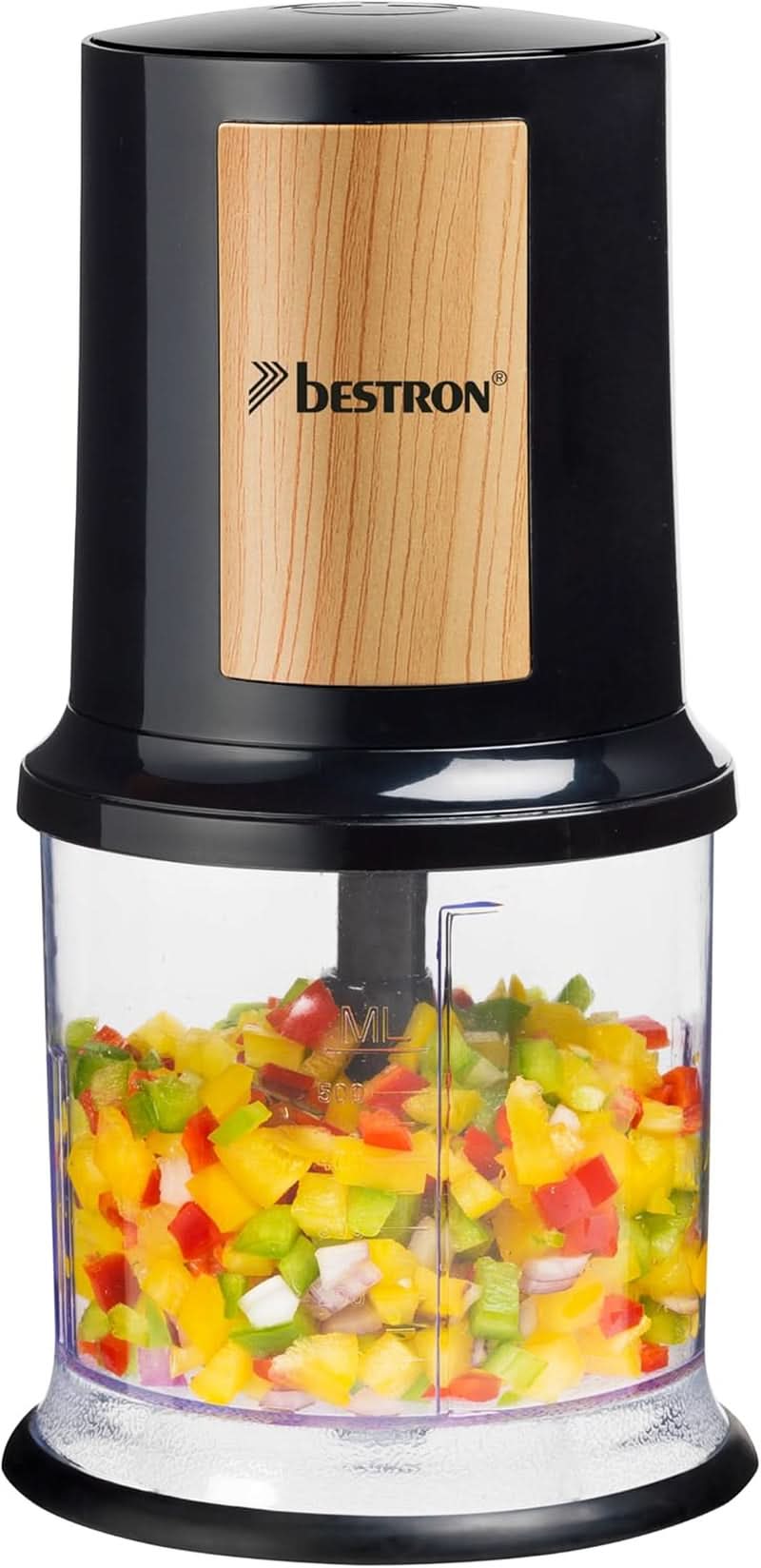 Bestron Elektrischer Multi-Zerkleinerer, Universalzerkleinerer Mit Zwei Schneidemessern & 500Ml Kapazität, Große Pulstaste, 400 Watt, Farbe: Kupfer Bucatarie Naty Shop Schwarz/Holz