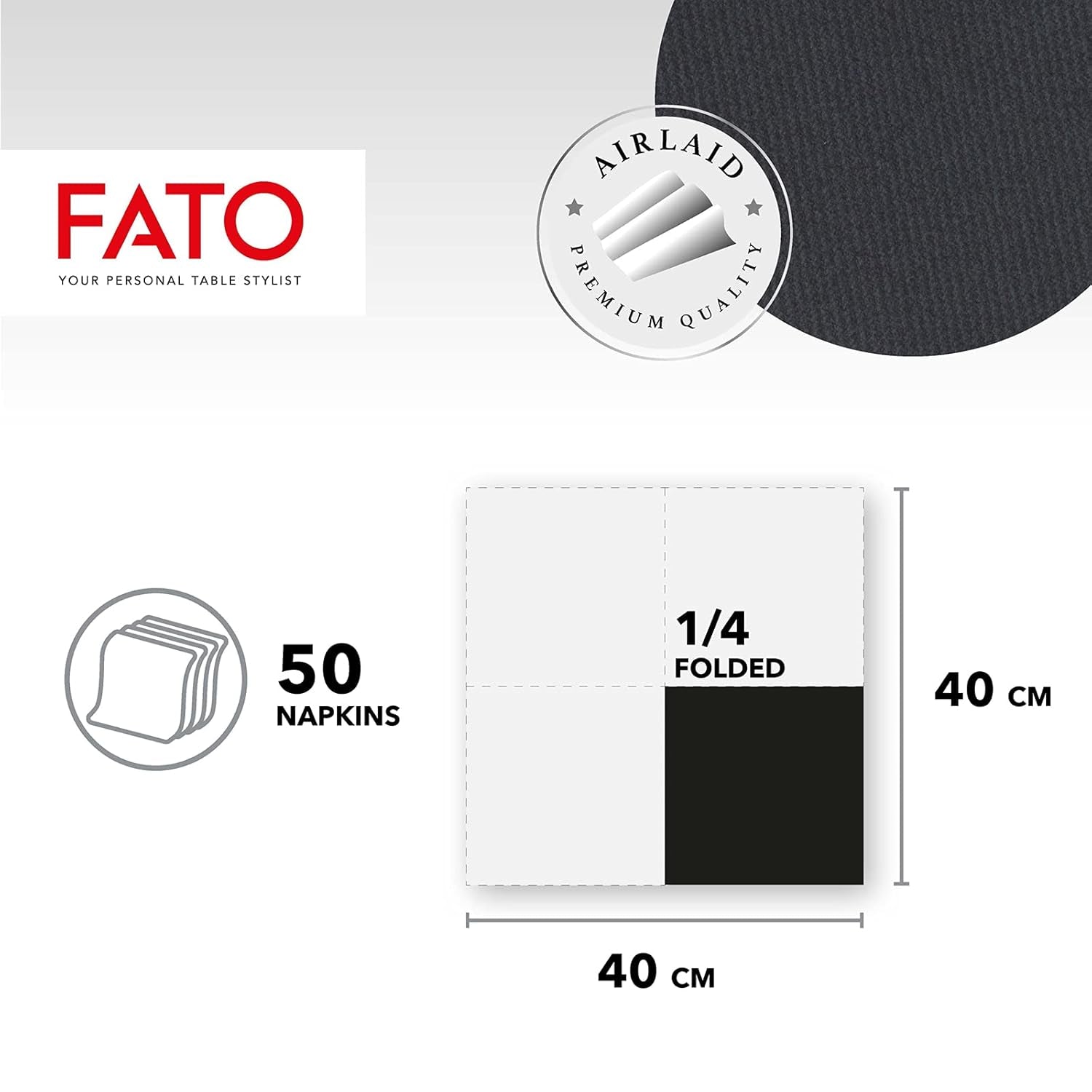 Fato - Șervețele din hârtie uscată, airlaid, efect pânză, pachet de 50 șervețele, dimensiune 40X40 pliate în 4, culoare negru