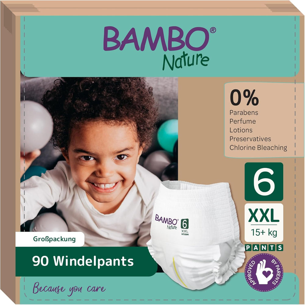 Bambo Nature babapelenka, 6-os méret (15+ kg) - Havi 90-es doboz | Csecsemőpelenkák továbbfejlesztett szivárgás elleni védelemmel | Maximális kényelem és szabadság az aktív gyermekek számára | Bőrgyógyászatilag tesztelt pelenkák