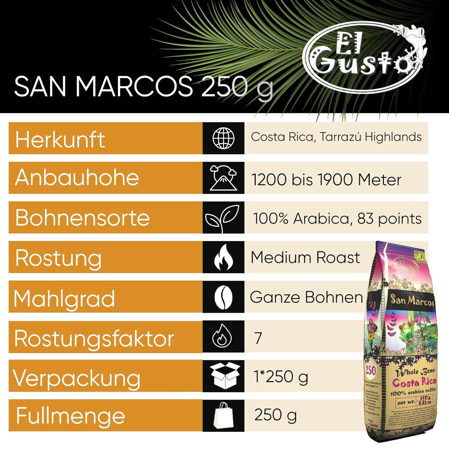 El Gusto San Marcos Spezialitätenkaffee | Ganzen Bohnen Mittlere Röstung | Gourmetkaffee mit Schokoladenaroma mit leichter Zitrussäure | 100% Arabica Kaffee aus Costa Rica | Specialty Coffee | 250 g