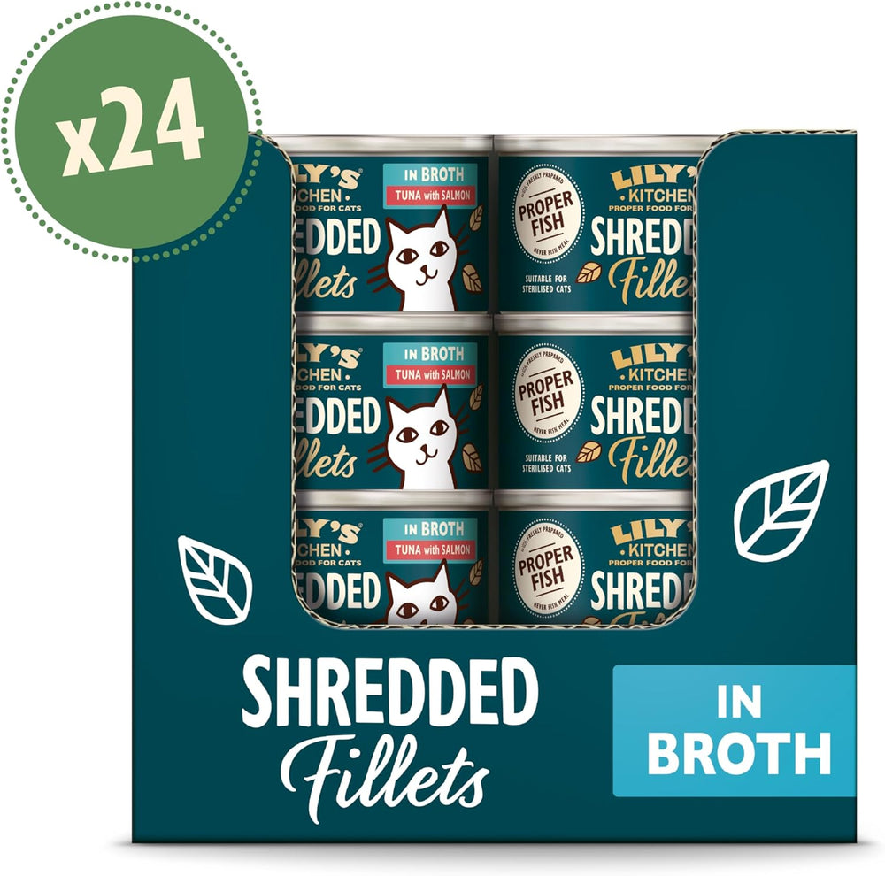 Fileuri tocate în bulion cu ton și somon, preparate cu ingrediente naturale, Lily's Kitchen, hrană umedă pentru pisici adulte, cutie de 70 g