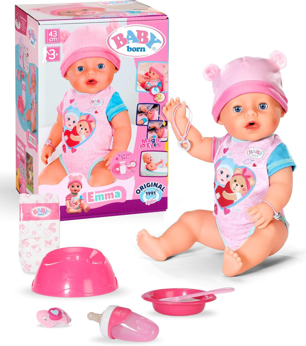 BABY Born Emma - Păpușă de 43 cm înălțime - 10 funcții Inclusiv accesorii și rochiță - Funcționează complet fără baterii - Potrivit pentru copii cu vârsta de 3 ani și peste Papusi Naty Shop Titlu implicit