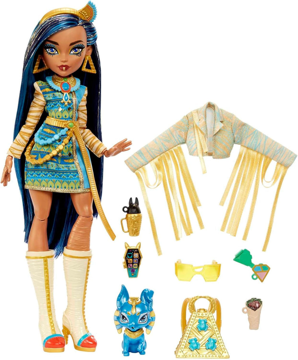 Monster High Cleo De Nile baba arany blúzban és réteges szoknyában, Cobra Hissette kisállattal és olyan kiegészítőkkel, mint a hátizsák, snack és papírtekercs, HXH74 Naty Shop babák Mummy Fashion Doll