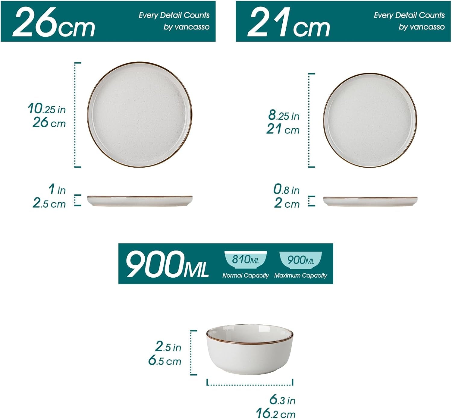 Set de veselă din gresie pentru 6 persoane, Vancasso LOIRE, serviciu de cină cu 18 piese pentru 6 persoane, gri modern, include bol, farfurie de desert și farfurie de cină, potrivit pentru cuptorul cu microunde și mașina de spălat vase