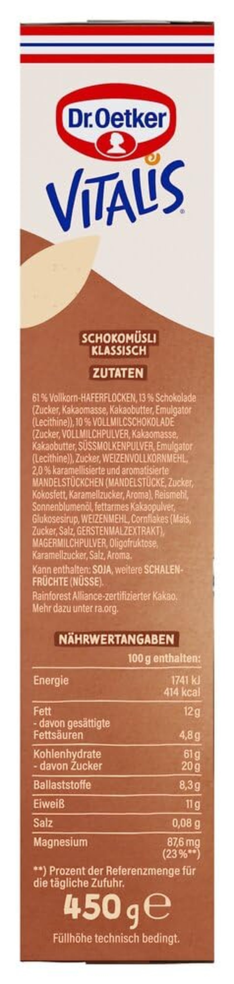 Dr. Oetker Vitalis csokoládé müzli klasszikus: Reggeli müzli tejjel és étcsokoládéval, 7 db-os (7 x 600g) csomag