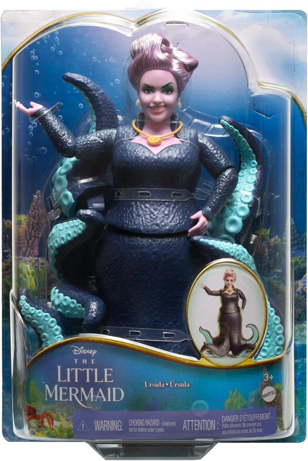 Mattel DISNEY Ariel, sellő - Ursula csápokkal, levehető nyaklánccal és levendula frizurával a végtelen fodrászat kedvéért, 3 éves és annál idősebb gyermekek számára, HLX12 Naty Shop Dolls