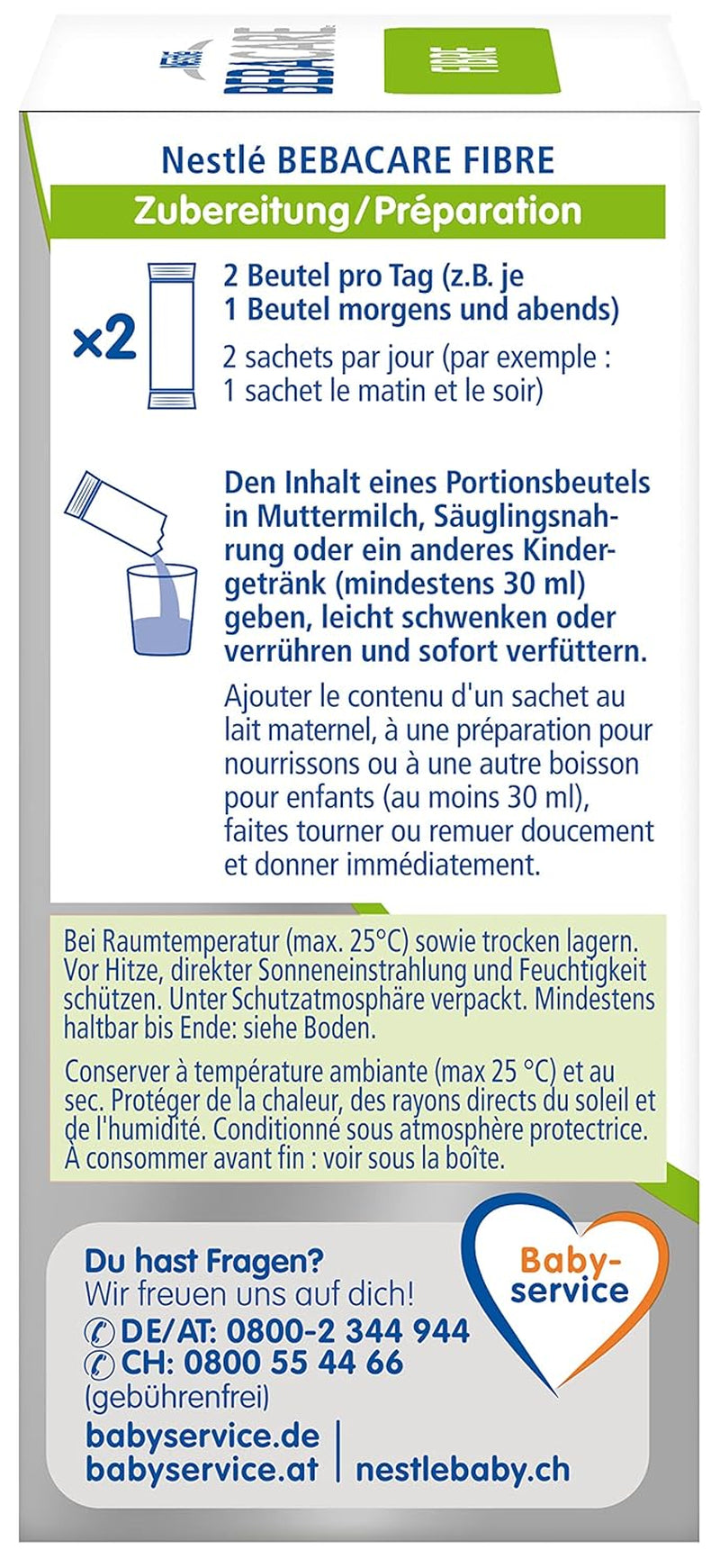 BEBACARE FIBER gluténmentes étrend-kiegészítő a kíméletes emésztéshez, táplálékkiegészítő babáknak születéstől és kisgyermekek számára, 1x (20 x 2,2g)