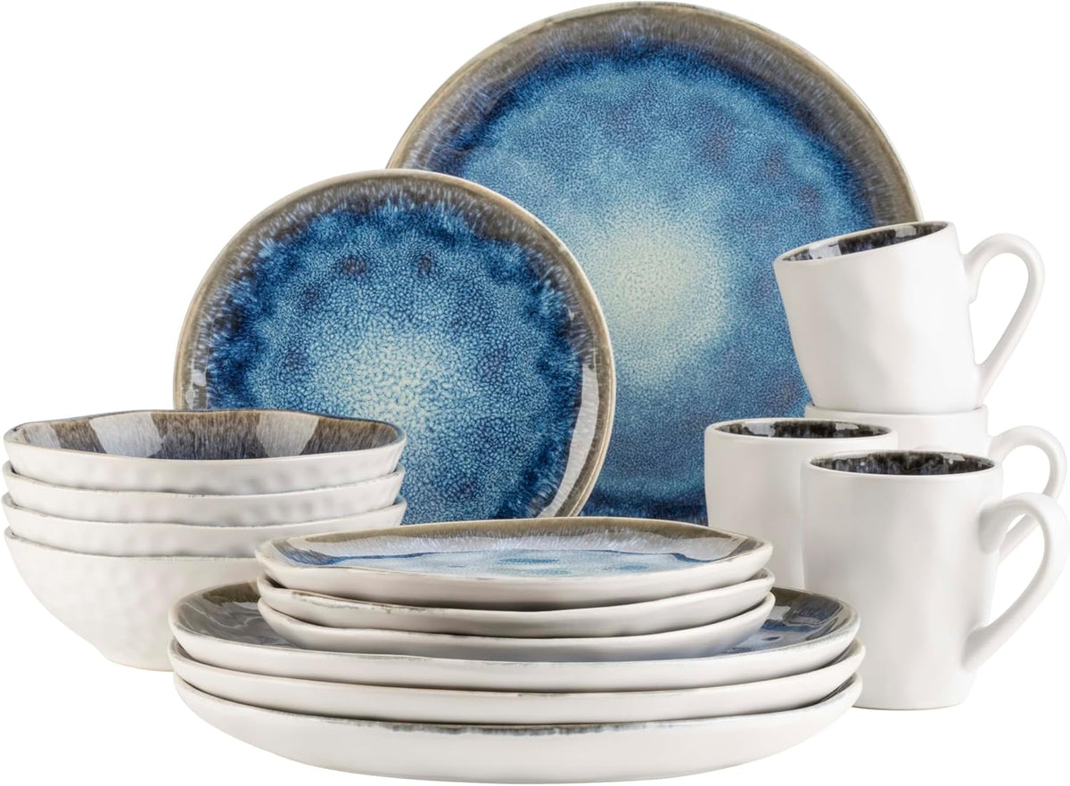 MÄSER 934092 Seria Frozen, Set de veselă ceramică pentru 4 persoane, Serviciu combinat cu 16 piese cu forme organice, Serviciu cu pete albastre, Gresie, Albastru închis
