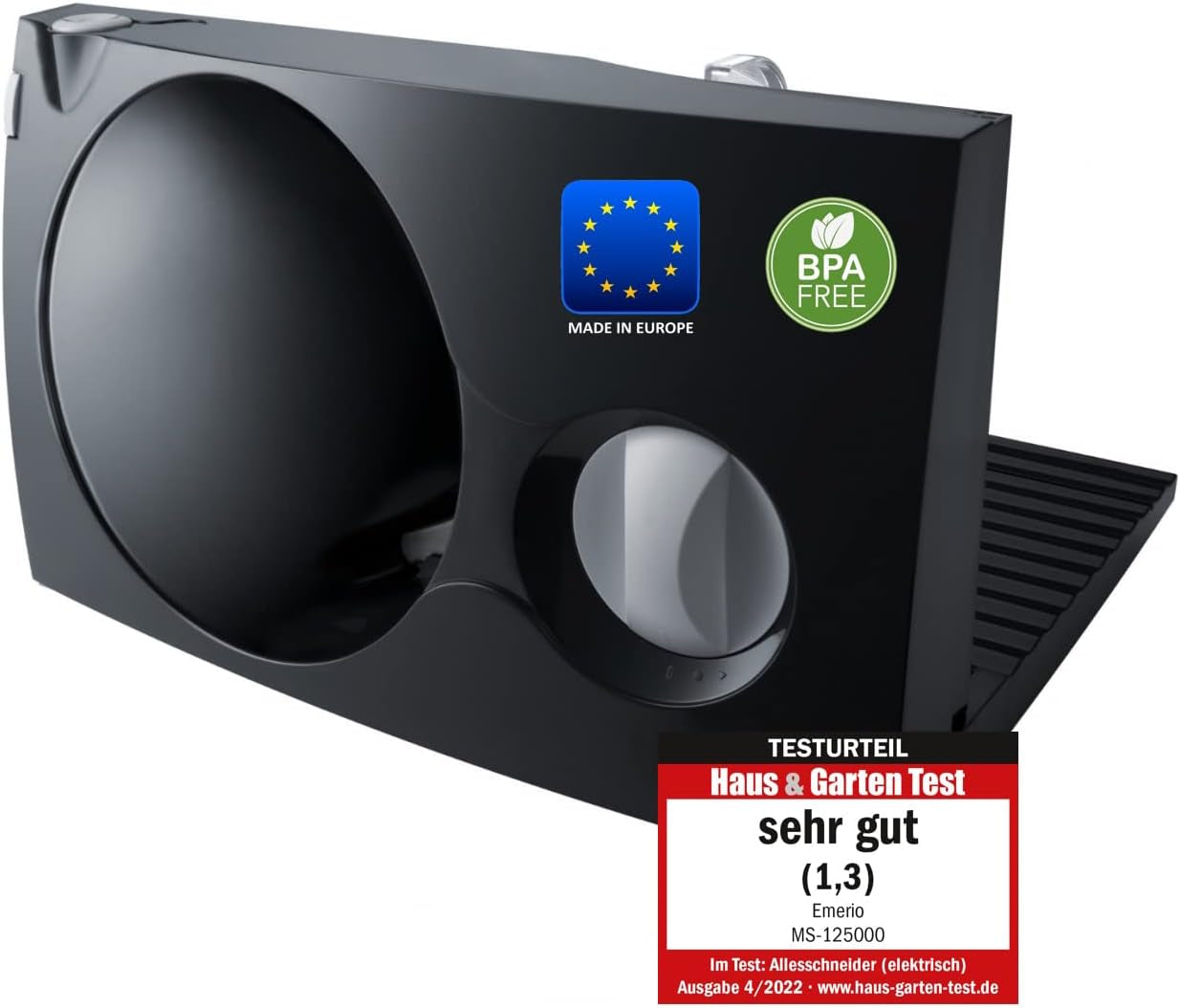 Emerio univerzális szeletelő "Made in EU" MS-125000, rozsdamentes acél penge Made in Germany, állítható 0-17mm, 100W Naty Shop egyetlen fekete reszelő és szeletelő