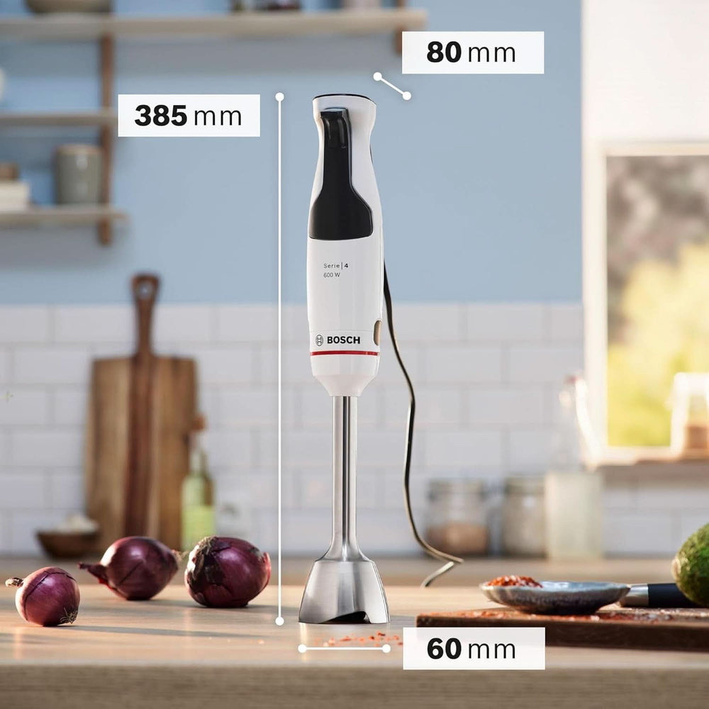 Bosch Stabmixer Ergomaster Serie 4 MSM4W210, Einhändig Bedienbar, Edelstahl-Klingen, Verschleißfreie Keramik-Kupplung, Mixbecher, Quattroblade, Antisplash Funktion, Einschaltsperre, 600 W, Weiß Nather és Chilß Mother and