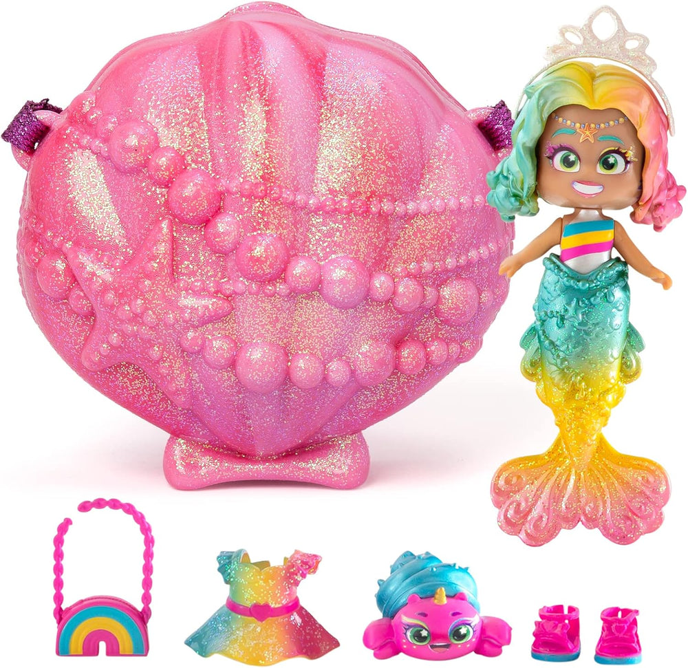 Mermaids Coral Meerjungfrauen-Puppe mit 1 Muscheltasche, 1 Meerjungfrauenschwanz, 1 Haustier, Kleidung, Accessoires und Schuhe