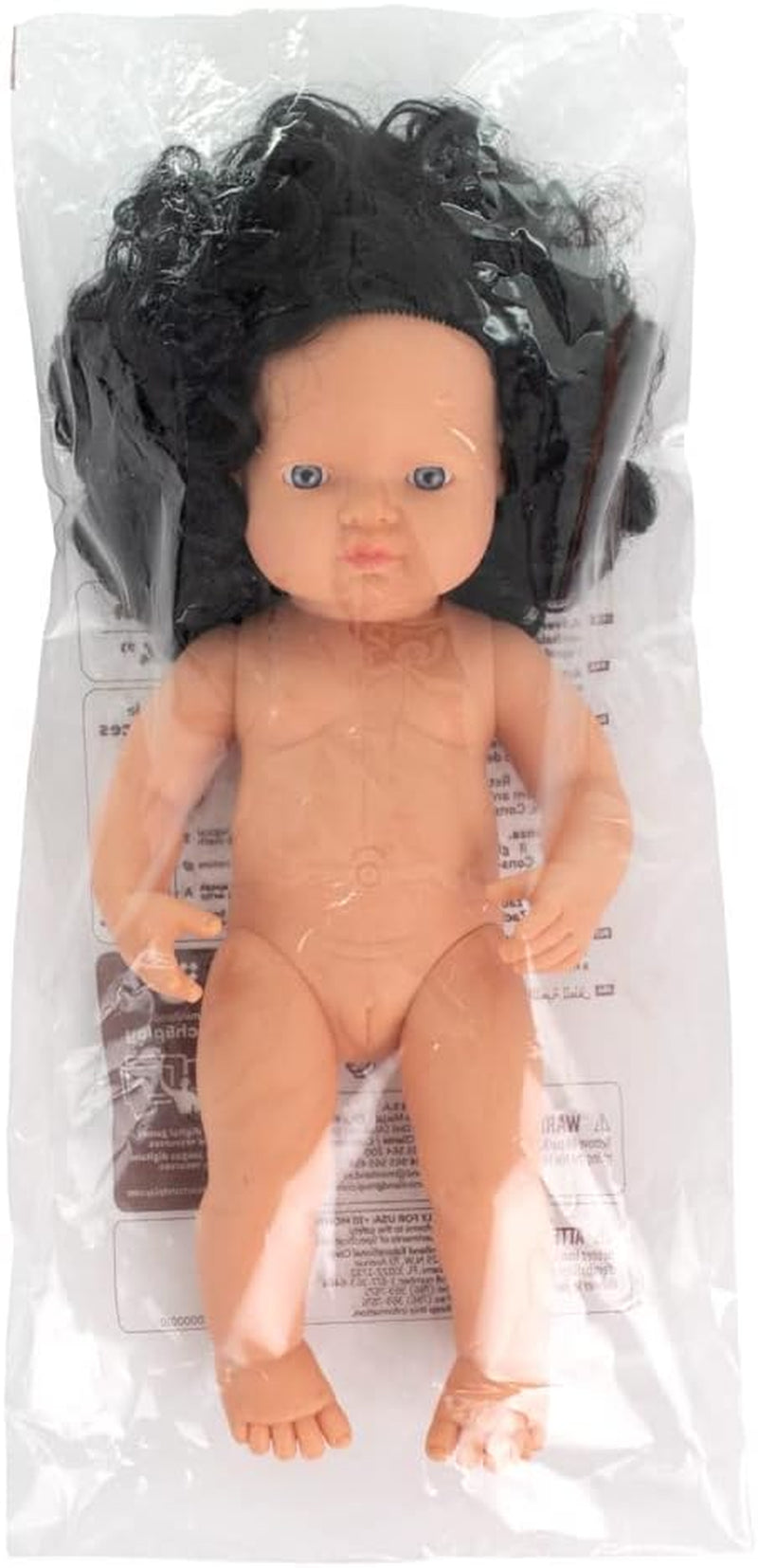 Miniland Dolls: europäische Babypuppe Mädchen mit schwarzen Locken, 38 cm, aus weichem vinyl, átlátszó Tüte. (31232)