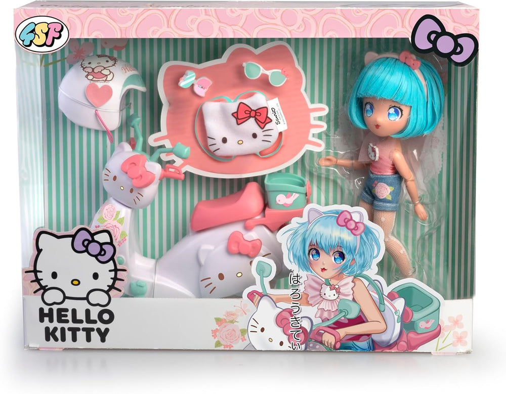 4SF -  Pretty Pink Scooter, Japanische Fashion Puppe mit Motorrad, Figur von 19,5 cm mit 15 Gelenkpunkten, Inklusive Helm und Tasche, Trägt EIN Top mit Mikroschorts, Famosa (HKTF3000)