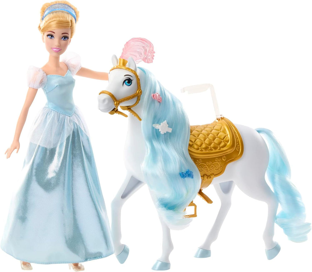 Mattel DISNEY Princess Hamupipőke mozgatható baba csillogó ruhával, levehető cipőkkel és tiarával, fésülhető hajjal a fodrászathoz, 3 éves kortól, HLW06 Naty Shop babák felnyergelve és készen a bálra