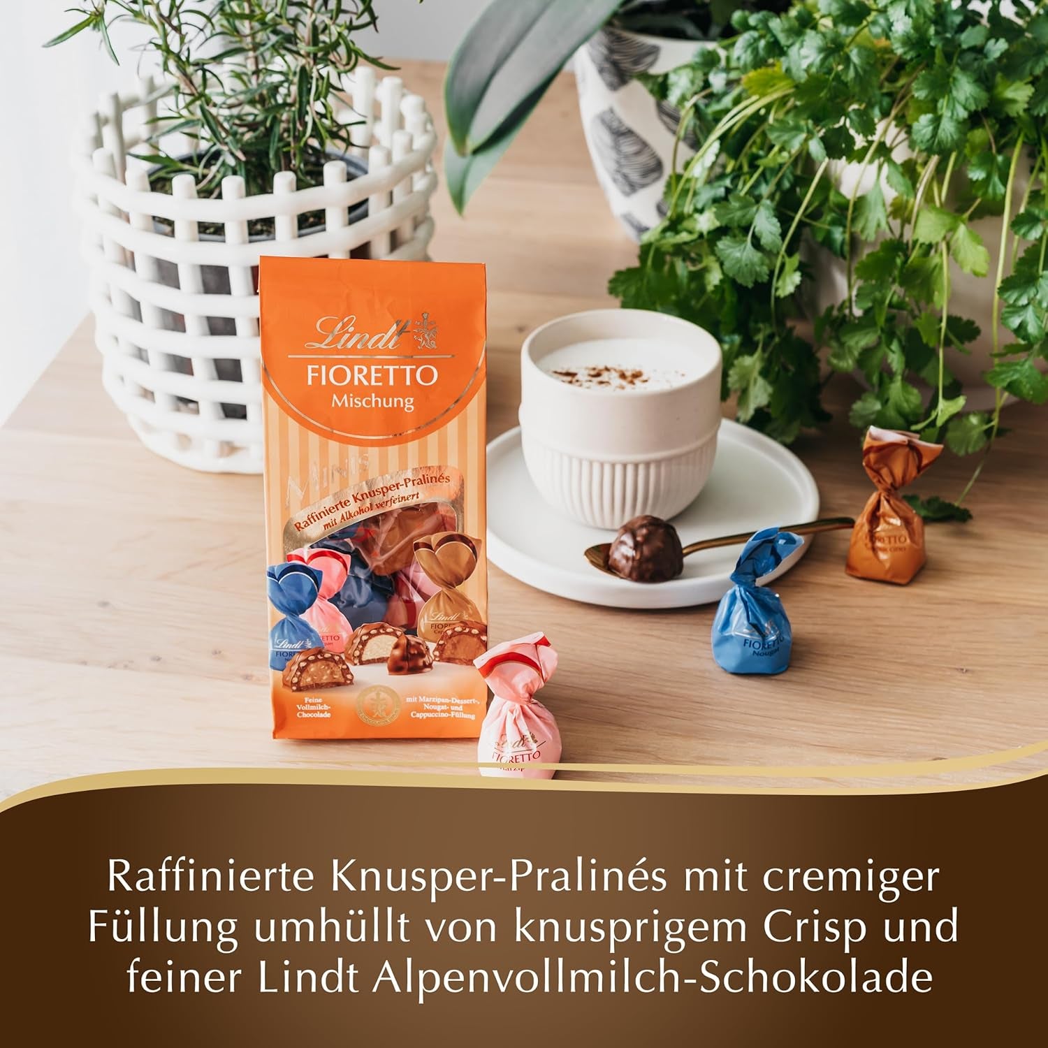 Csokoládé - ​​választék FIORETTO Minis | 115 g | kb. 10 db tejcsokoládé praliné marcipán, cappuccino és nugát ízben, alkoholt tartalmaz | Csokoládé ajándékkészlet | Csokoládé ajándékkészlet (5 db-os csomag)