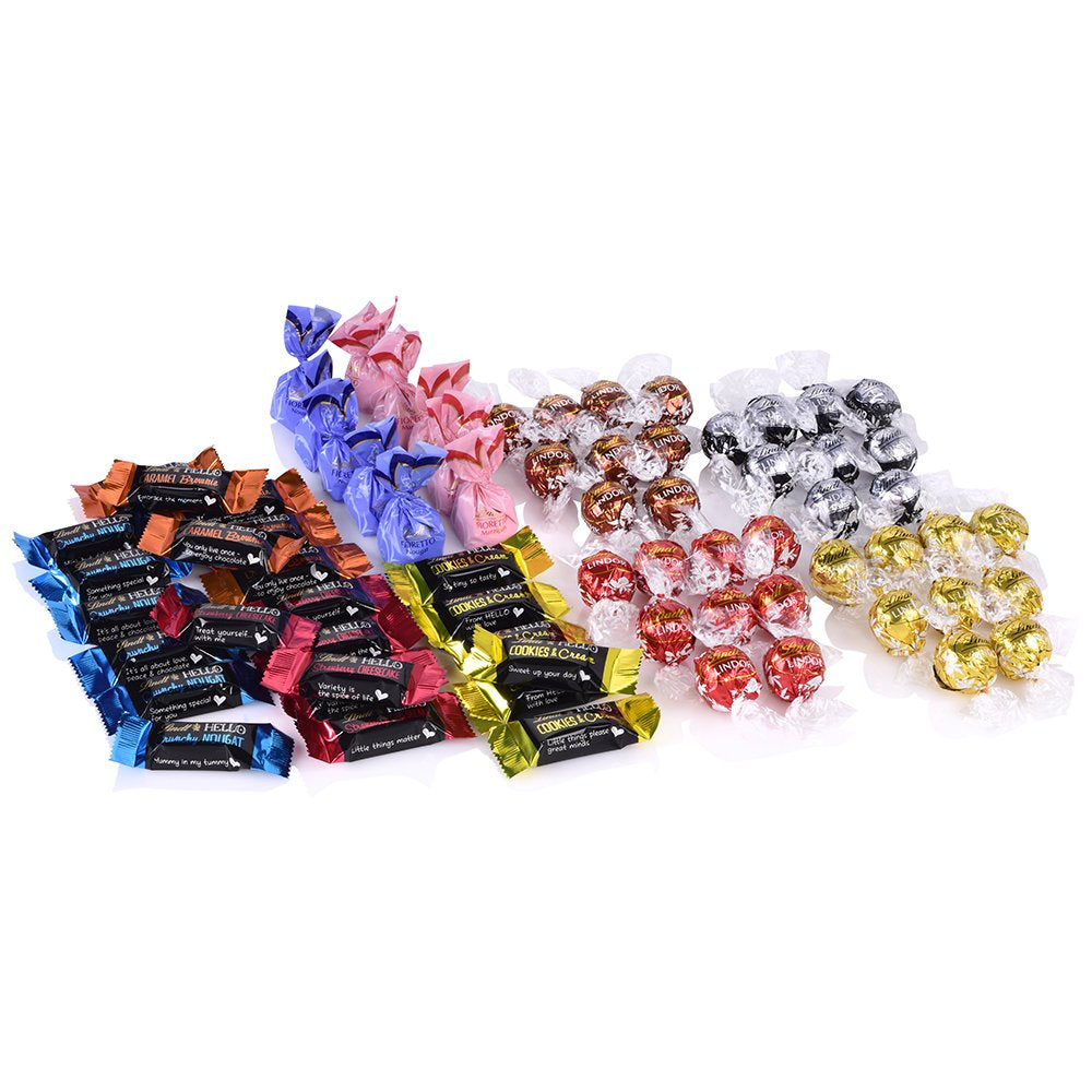Csokoládé szortiment (37 LINDOR golyó, 24 Hello Mini rúd, 10 Mini Fioretto), csokoládé ajándék (1 x 815 g) és HELLO Mini Emoti, tejcsokoládé 5 hangulatjeles kivitelben, 164 g