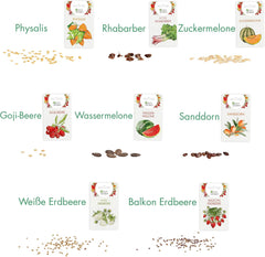 Gyümölcsmag szett: Prémium kerti magvak 8 fajta gyümölcsnövénnyel kertre és erkélyre - görögdinnye magok, epermagok, egres, rebarbara és még sok más - gyümölcsmag ajándékkészlet az OwnGrown-tól