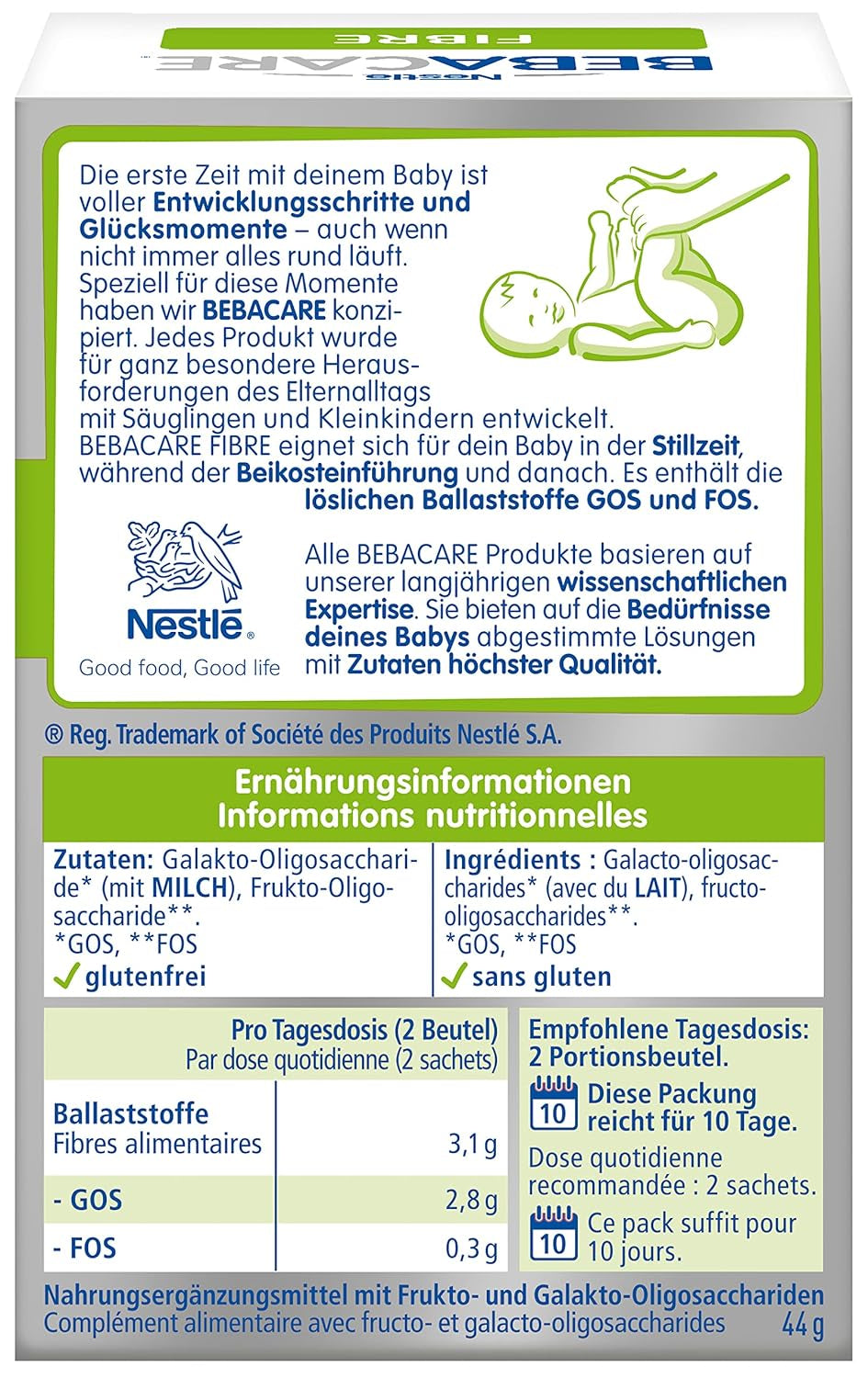 BEBACARE FIBER gluténmentes étrend-kiegészítő a kíméletes emésztéshez, táplálékkiegészítő babáknak születéstől és kisgyermekek számára, 1x (20 x 2,2g)