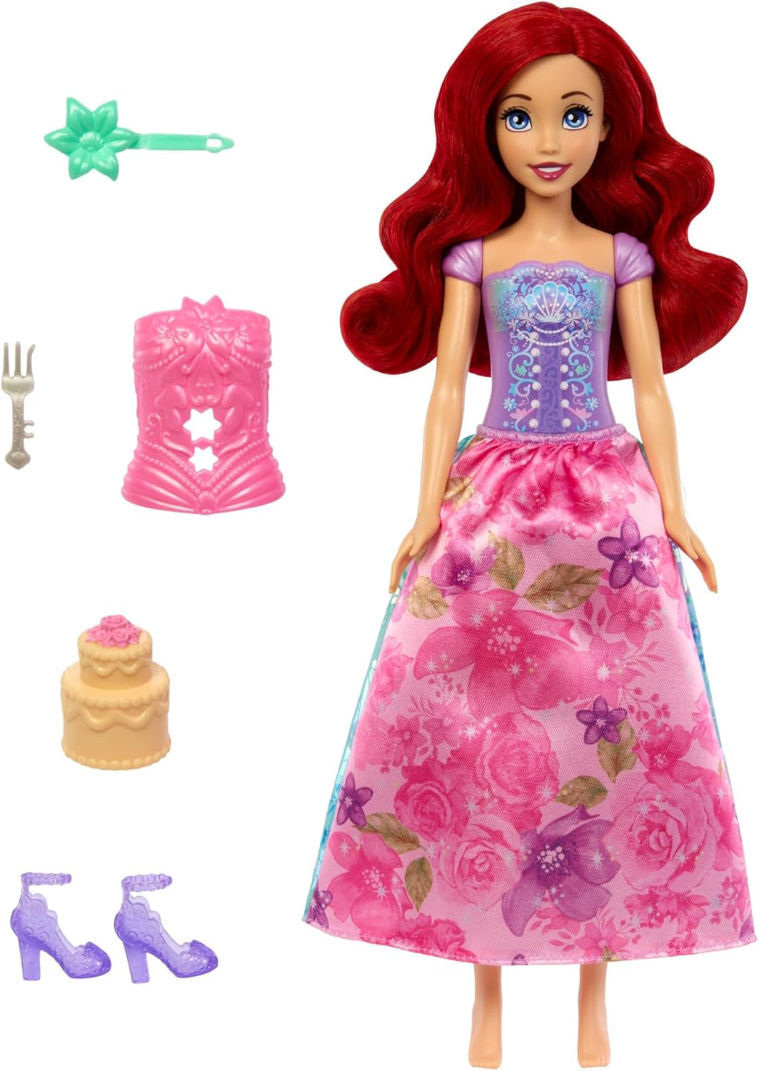 Mattel Disney Prinzessin Arielle Modepuppen-Set, Spin & Reveal mit 11 Überraschungen, darunter 5 Accessoires, 5 Sticker und eine Szene zum Spielen, vom Film inspiriert, HTV88